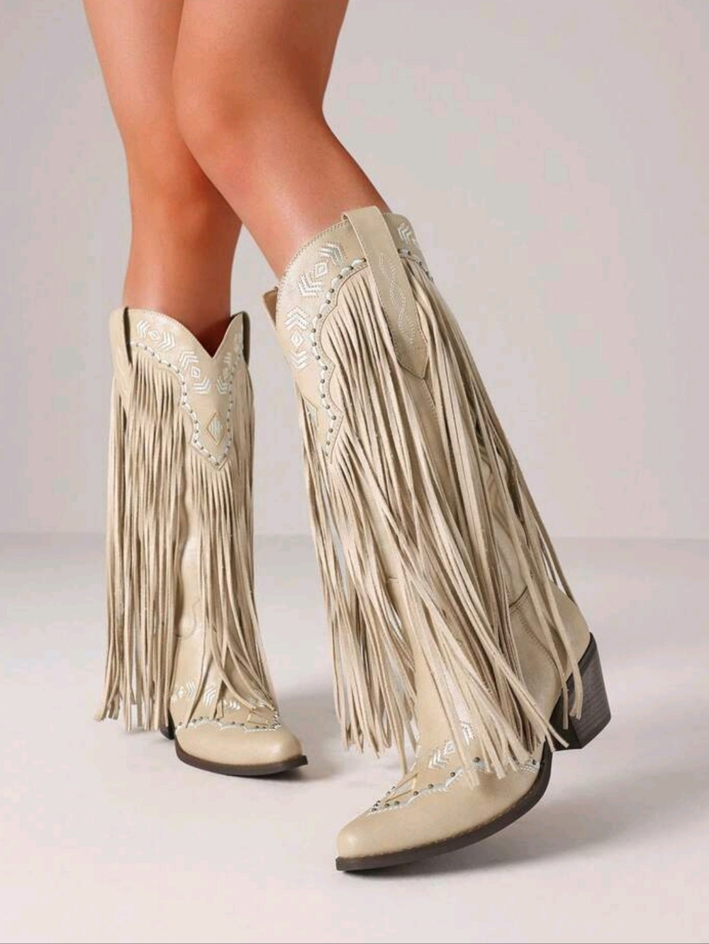 Fringe Knee-High Western Boots - Beige - Picture 5 of 9
